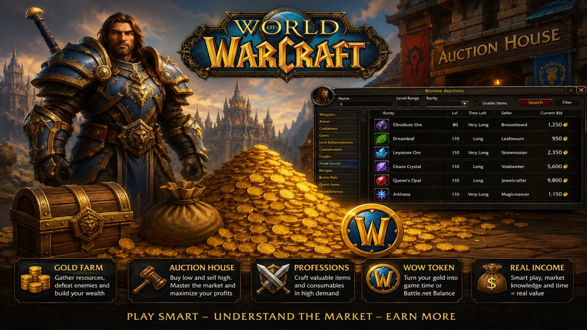 کاراکتر World of Warcraft در کنار Gold، Auction House و WoW Token — Alt: روش های کسب درآمد از World of Warcraft
