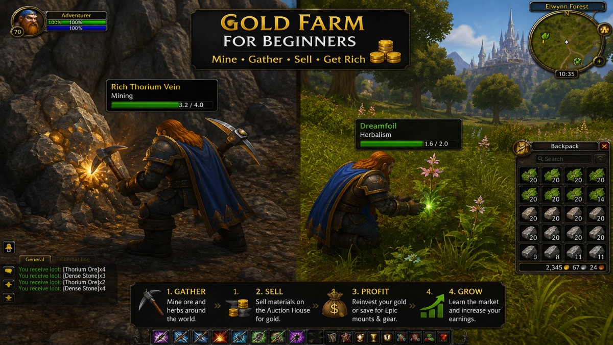 بازیکن WoW در حال Mining و Herbalism — Alt: Gold Farm برای بازیکنان تازه کار World of Warcraft