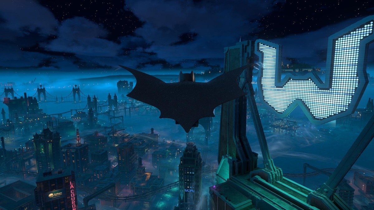 Batman در حال Glide بر فراز شهر Gotham در LEGO Batman Legacy of the Dark Knight
