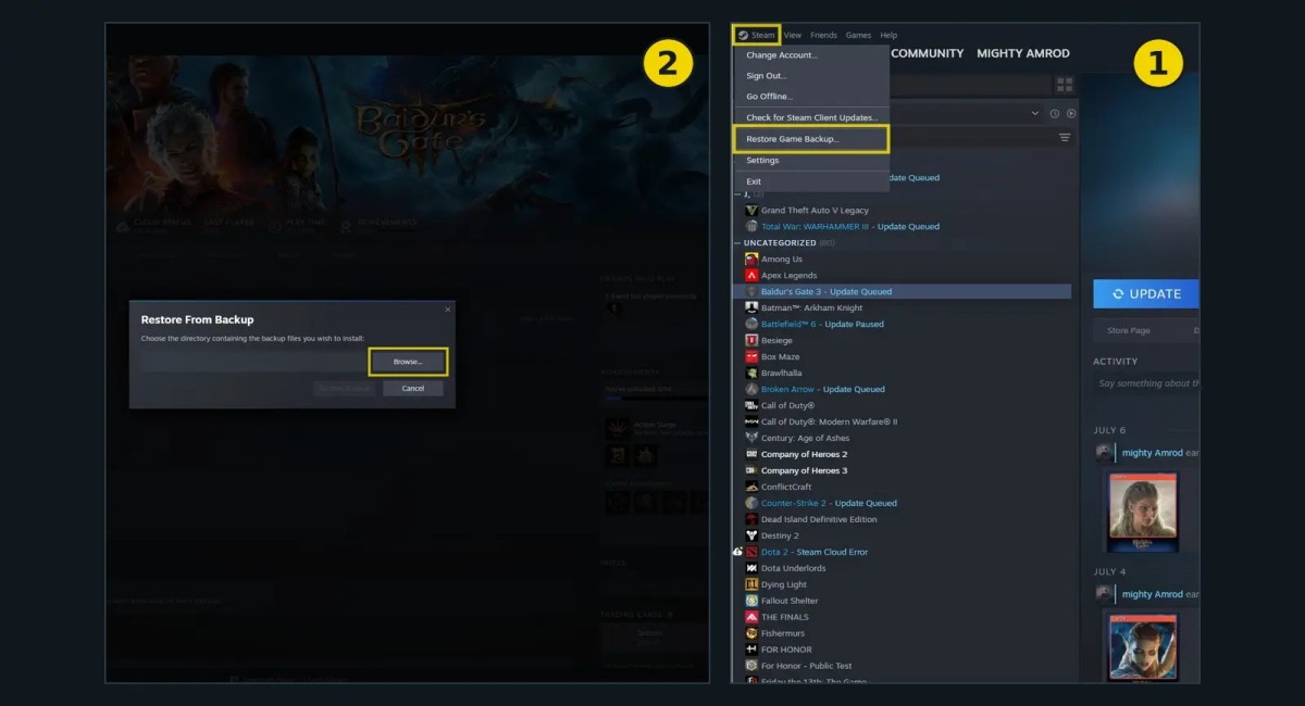 بازیابی بکاپ بازی در Steam